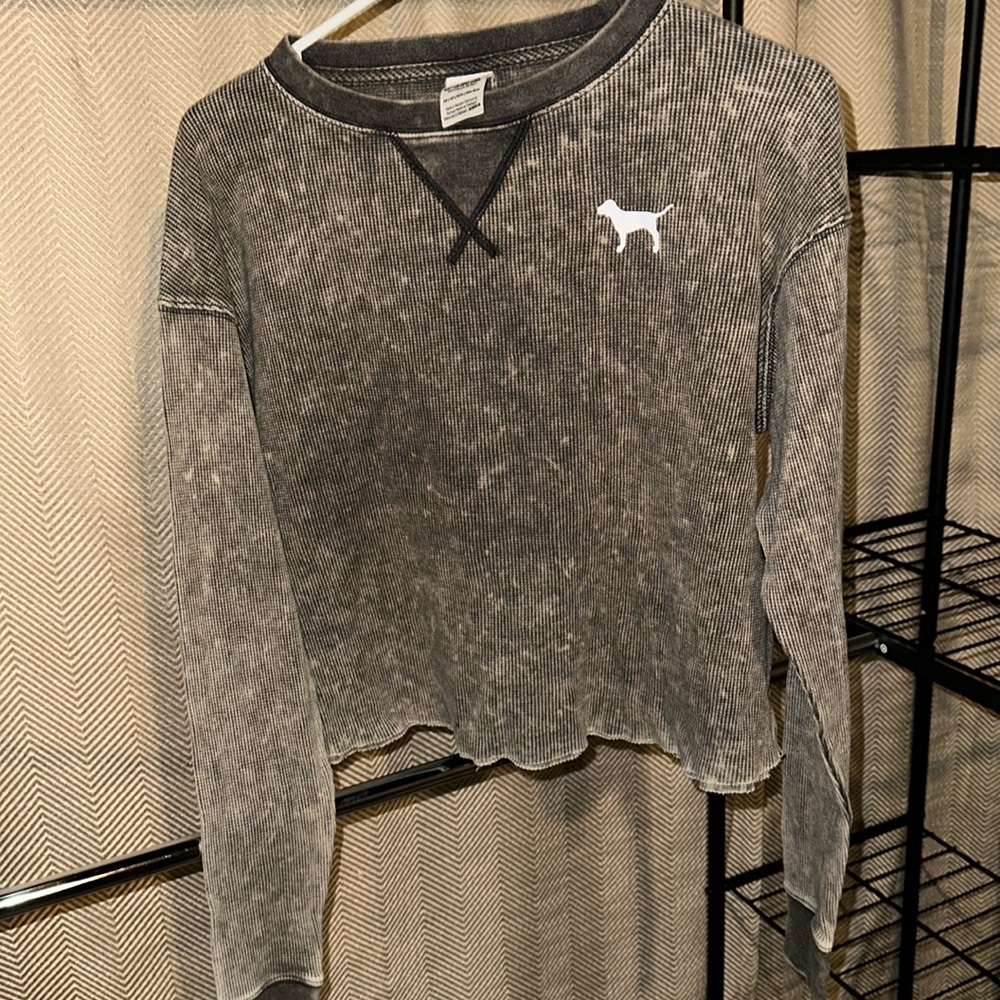 PINK distressed green crewneck long sleeve XS